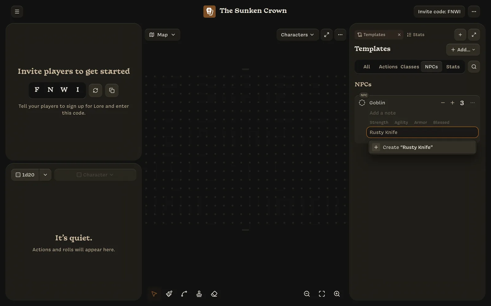 The Add an action field on the Goblin template, offering Create “Rusty Knife”