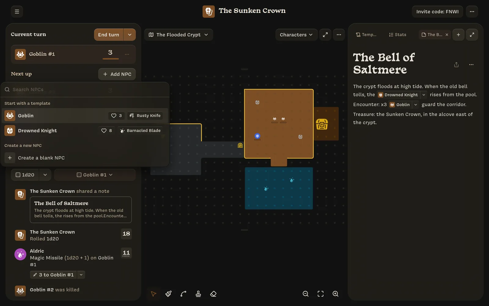 The Add NPC search in the turn order, listing the Goblin and Drowned Knight templates and Create a blank NPC