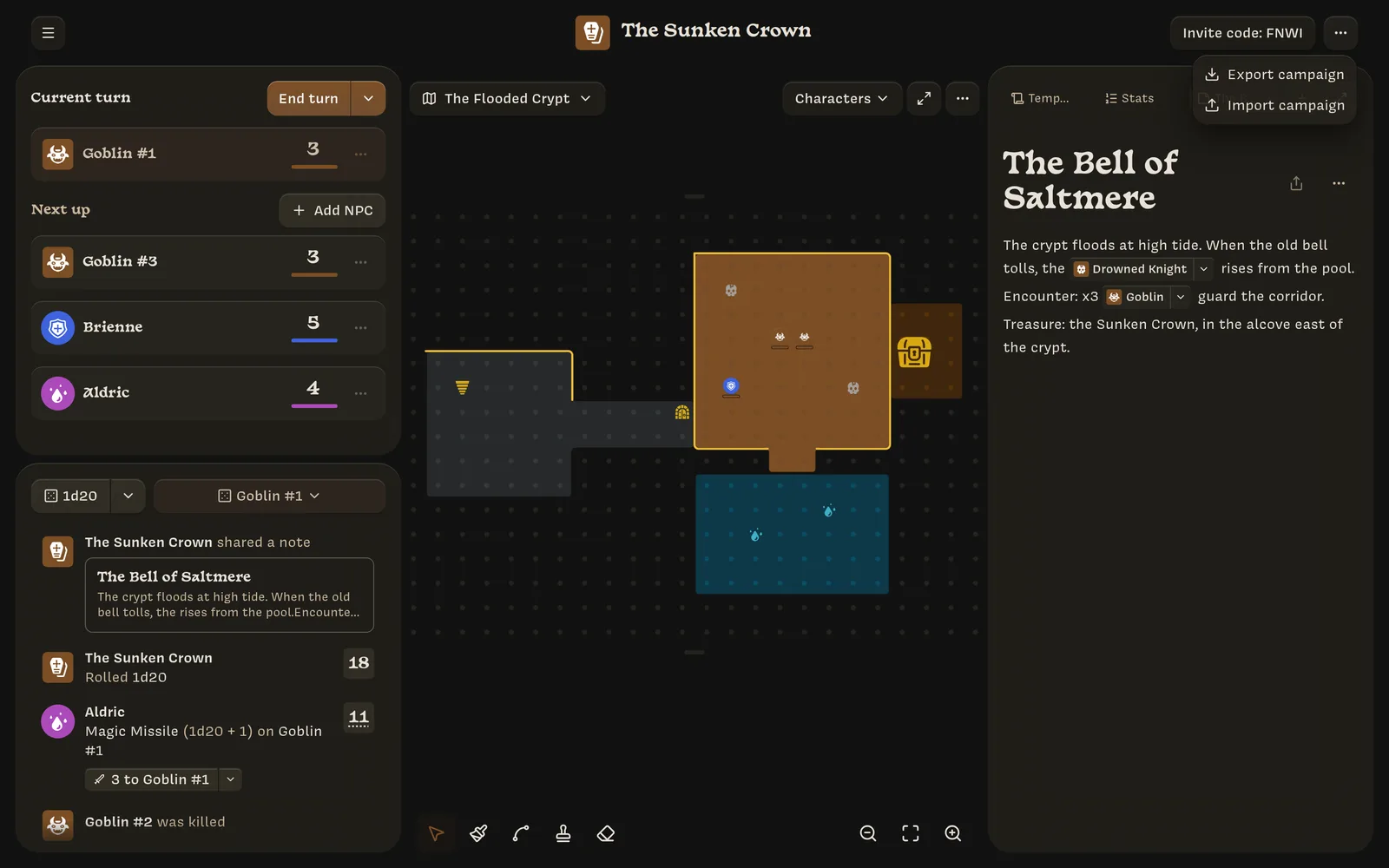 The Campaign options menu: Export campaign, Import campaign