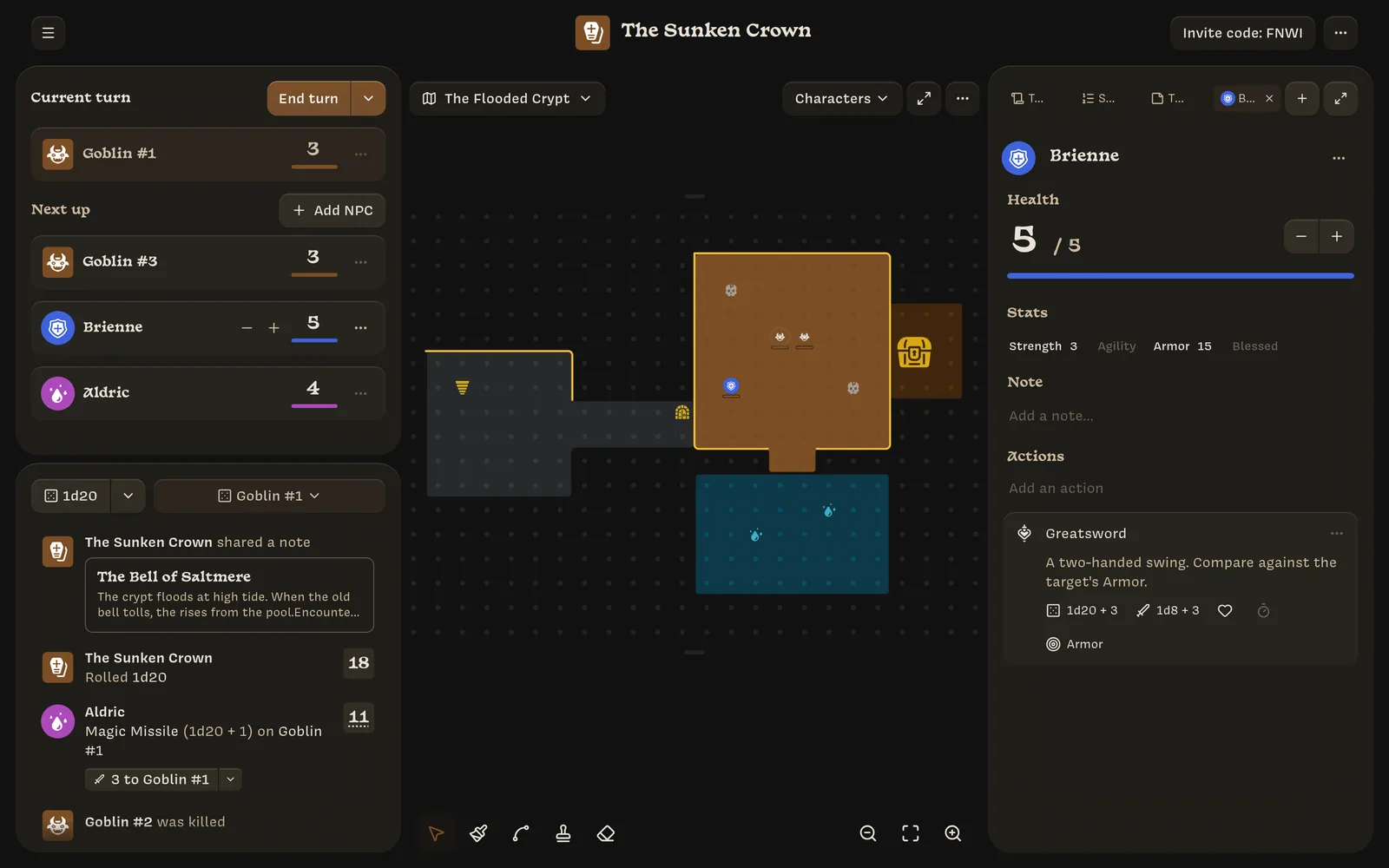Brienne's character tab: health 5 of 5, stat values, a note, and the Greatsword action