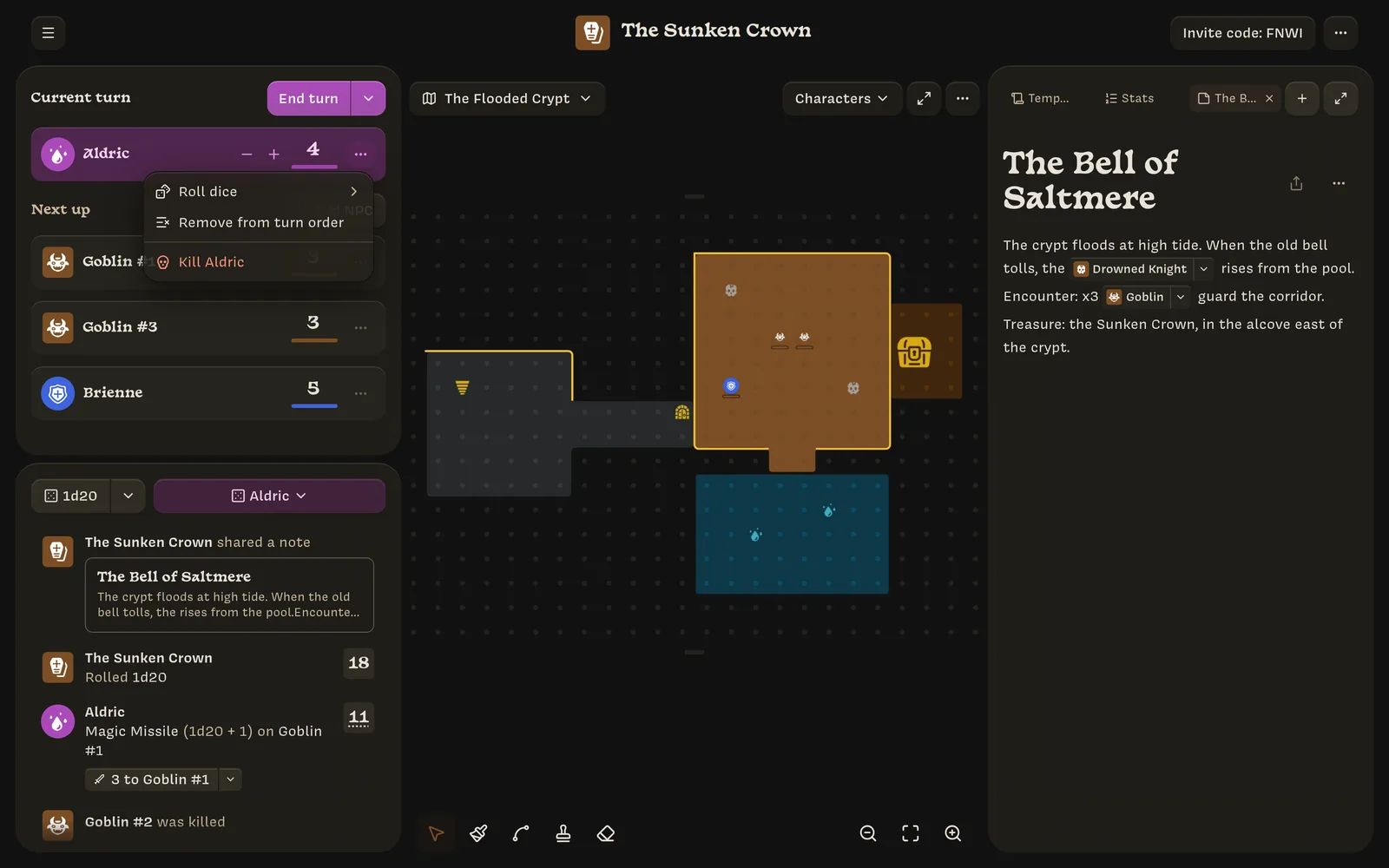 The character menu for Aldric: Roll dice, Remove from turn order, Kill Aldric