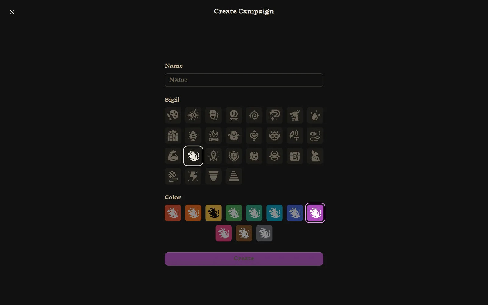 The Create Campaign screen with a Name field, a grid of 28 sigils, and 11 color swatches