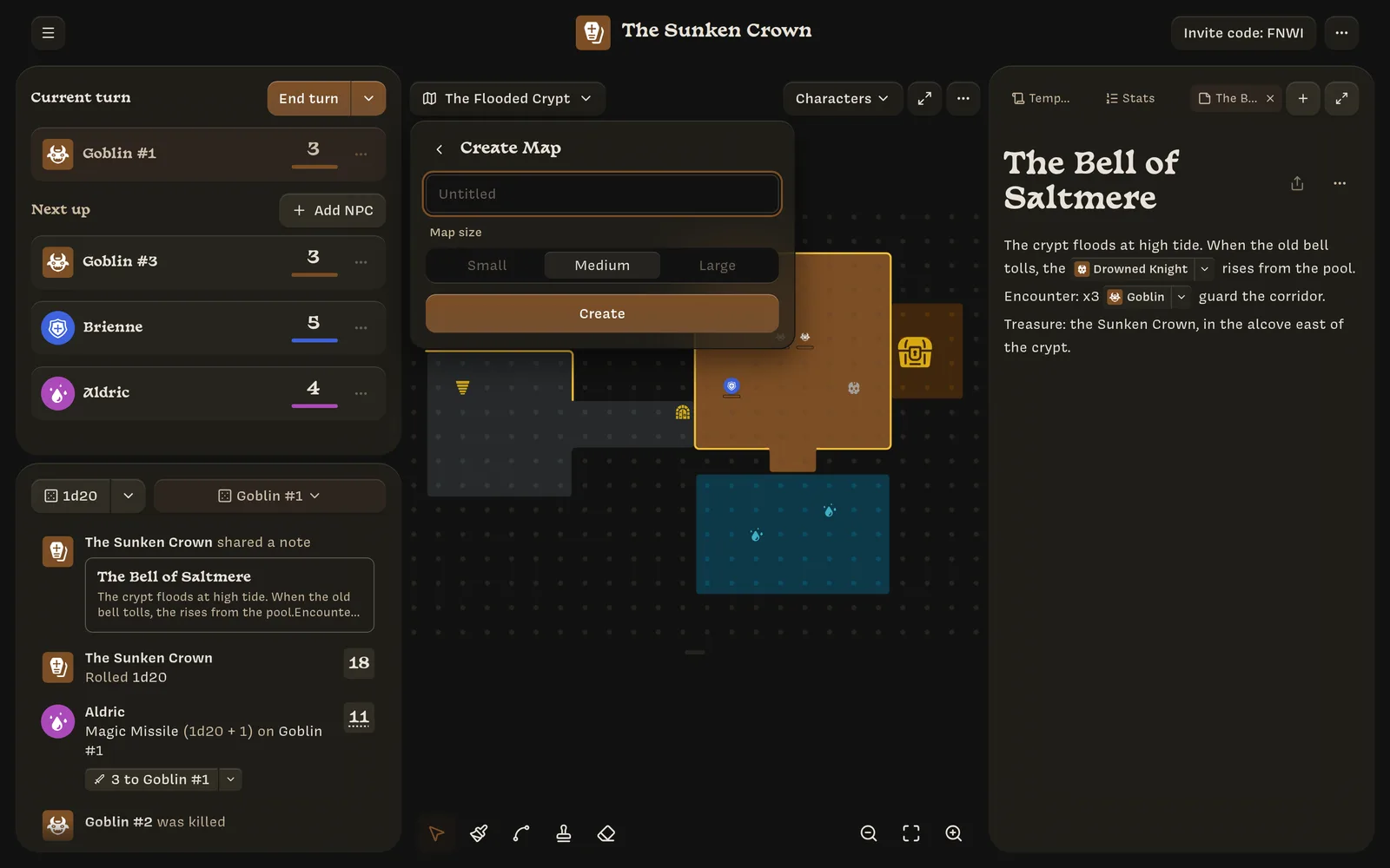 The Create Map form with a name field and Small, Medium, and Large sizes