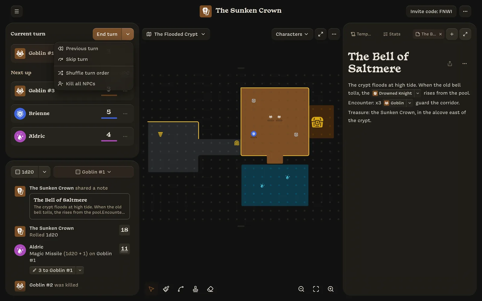 The End turn menu: Previous turn, Skip turn, Shuffle turn order, Kill all NPCs