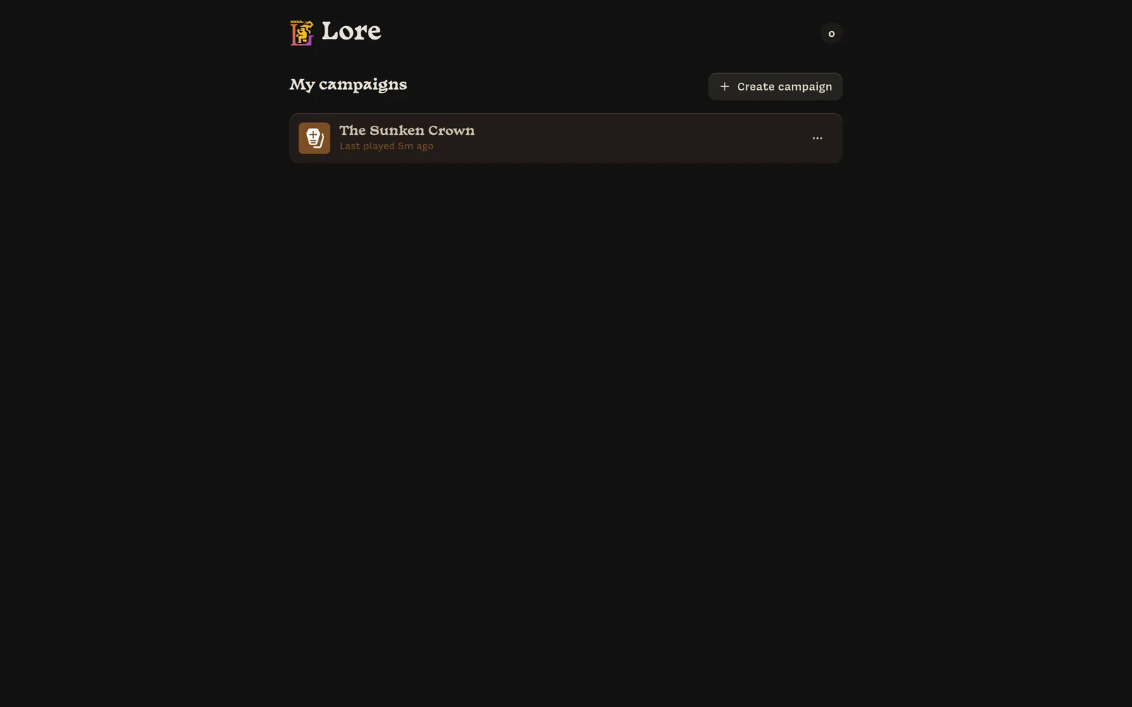 The desktop home screen listing one campaign, The Sunken Crown, with a Create campaign button