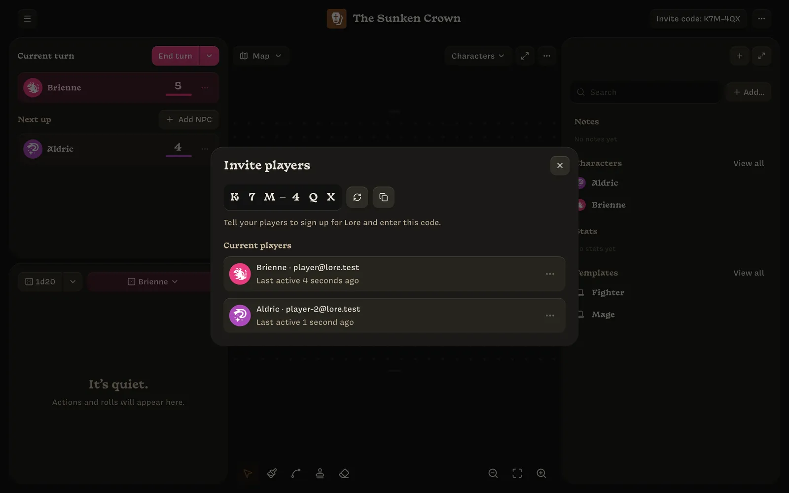 The Invite players dialog, showing the code K7M4QX, and Aldric and Brienne under Current players with their last-active times