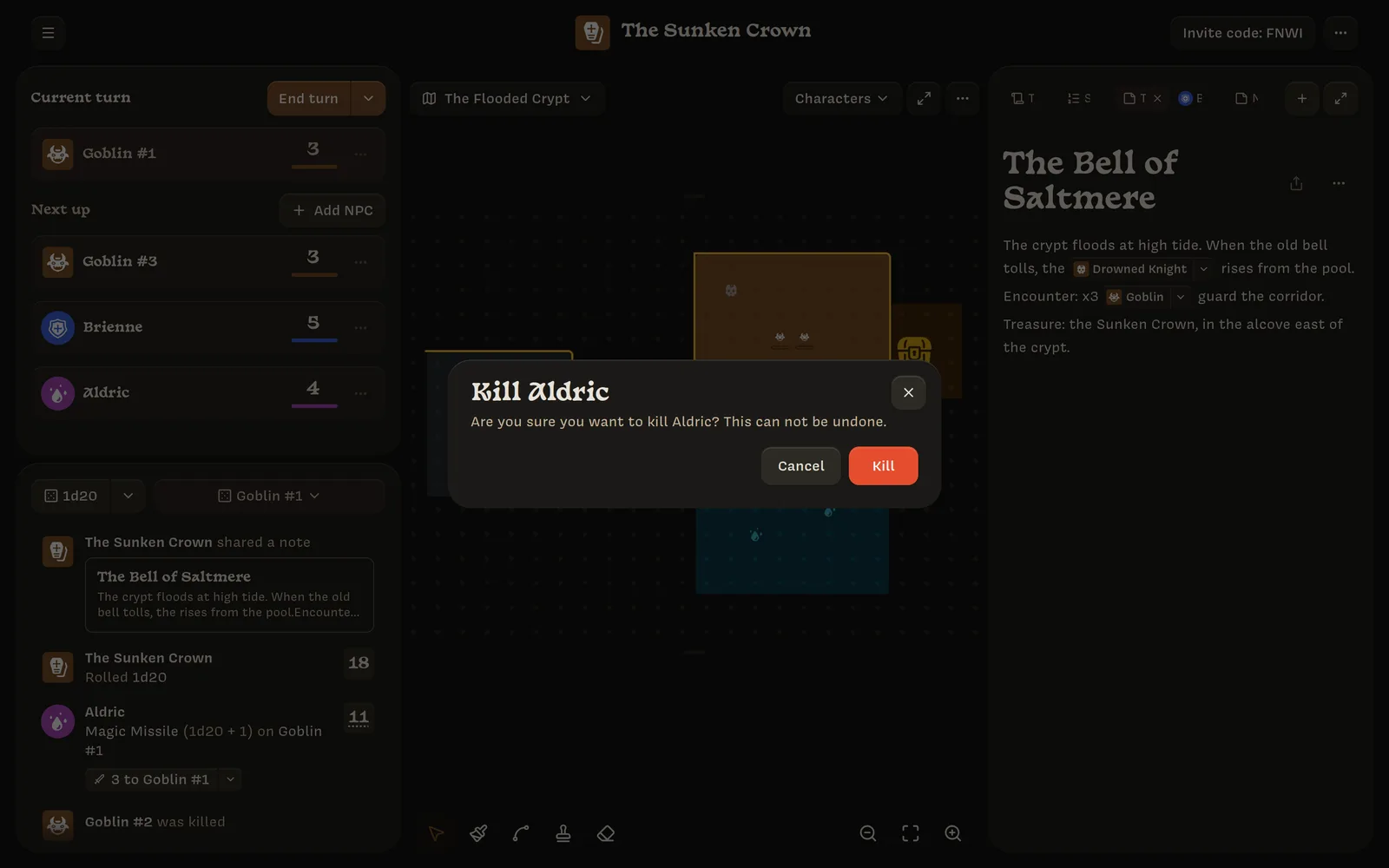 A confirmation dialog: Kill Aldric. Are you sure you want to kill Aldric? This can not be undone.