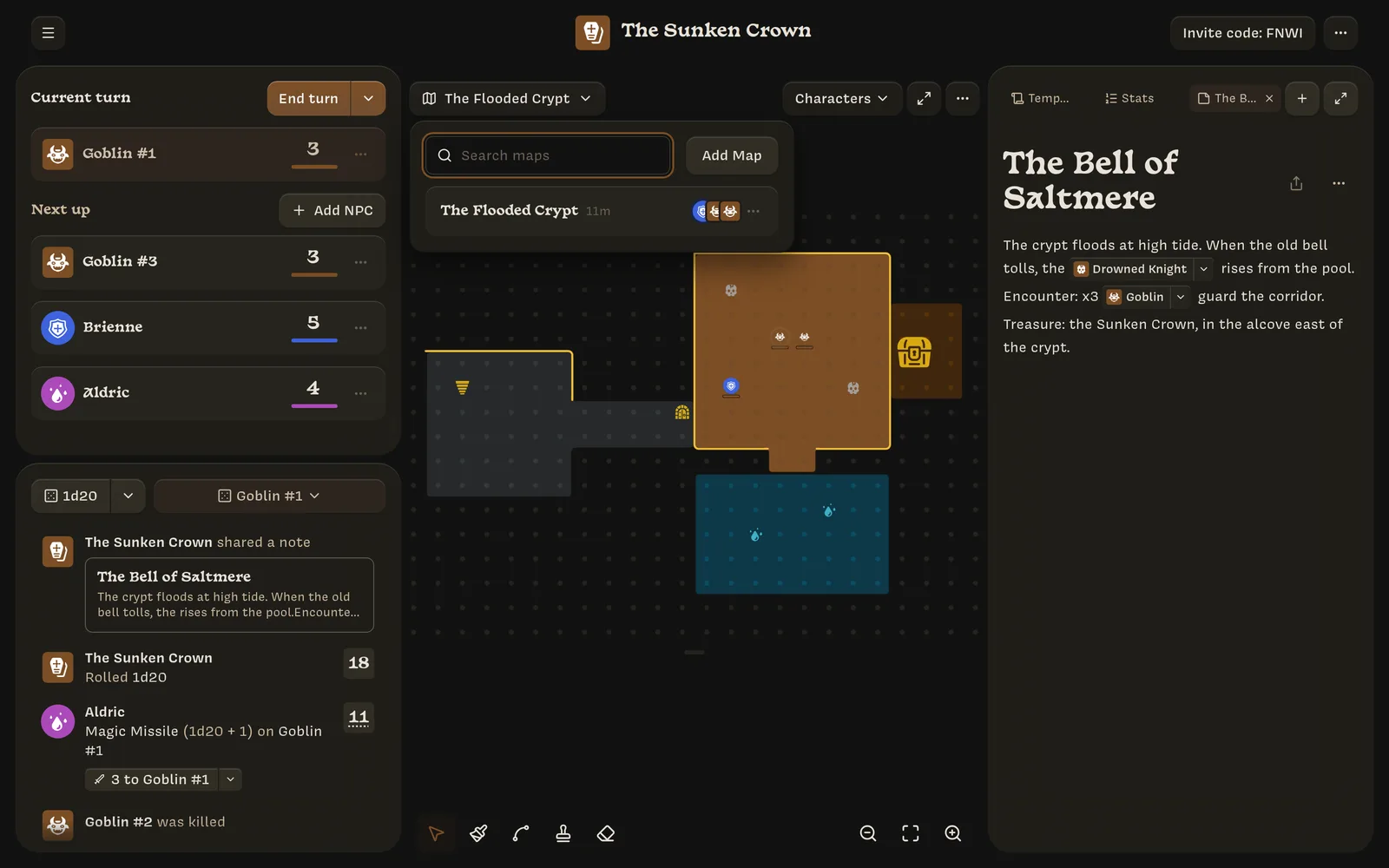 The map list, showing The Flooded Crypt and an Add Map button