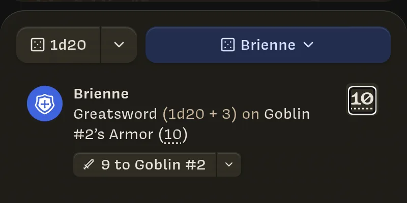 Log entry: Brienne, Greatsword (1d20 + 3) on Goblin #2's Armor (10), total 10, with a '9 to Goblin #2' button