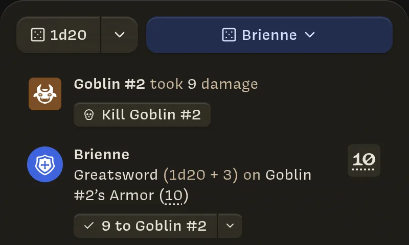Log entries: Goblin #2 took 9 damage, with a Kill Goblin #2 button, above Brienne's Greatsword roll with a checked '9 to Goblin #2' button