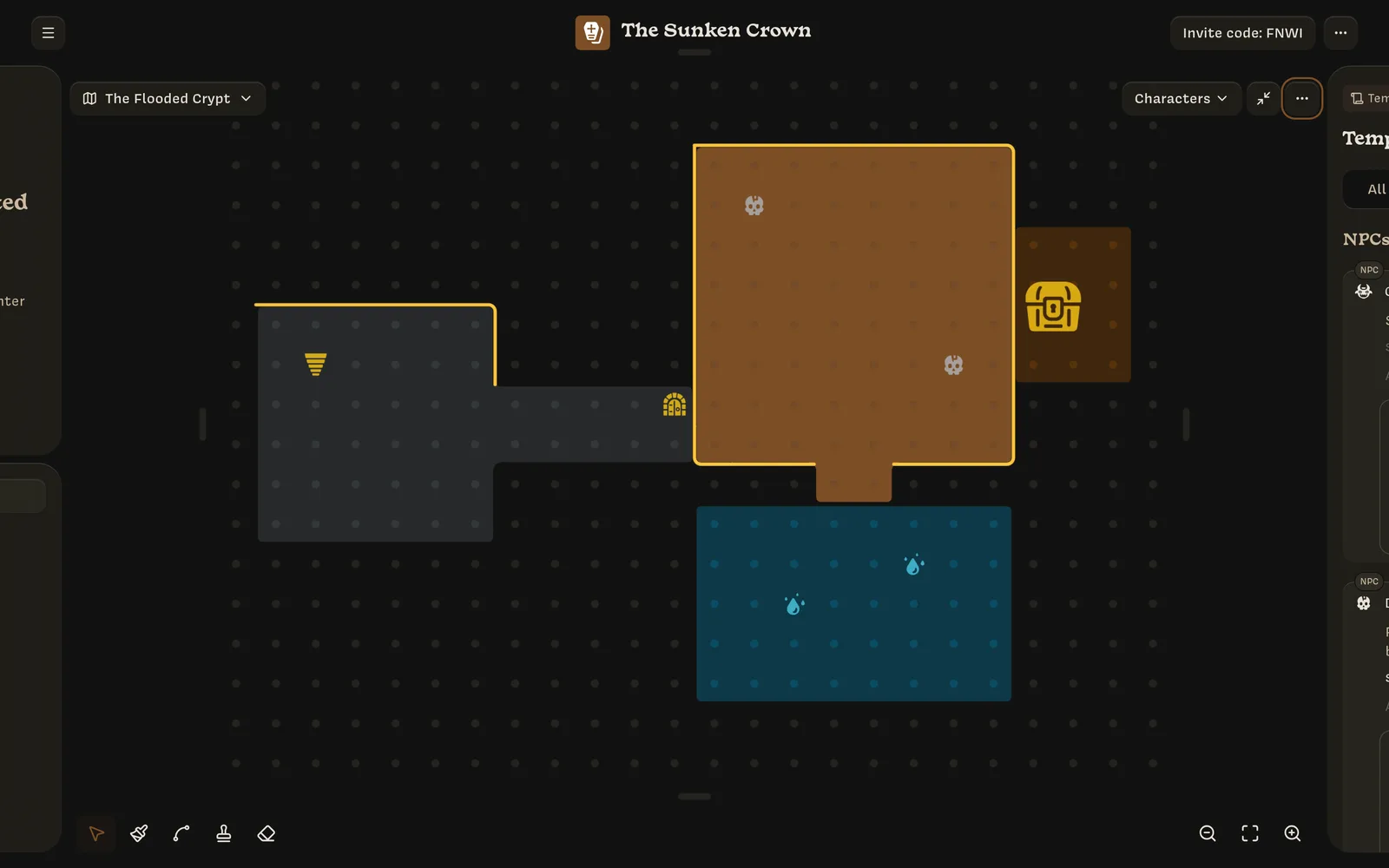 The Flooded Crypt, expanded to full screen: a gray entrance hall, a brown crypt outlined in gold, a treasure alcove, and a blue flooded pool, with stairs, door, skull, chest, and droplet sigils