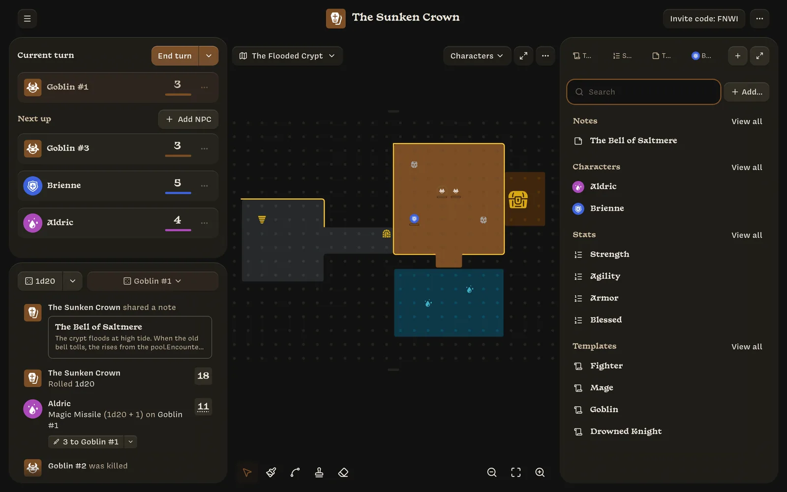 The new tab page, listing notes, characters, stats, and templates with View all links