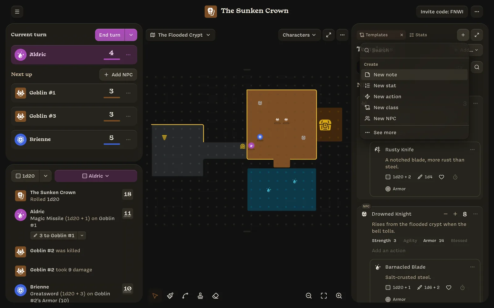 The new tab popover, with a Create group listing New note, New stat, New action, New class, and New NPC