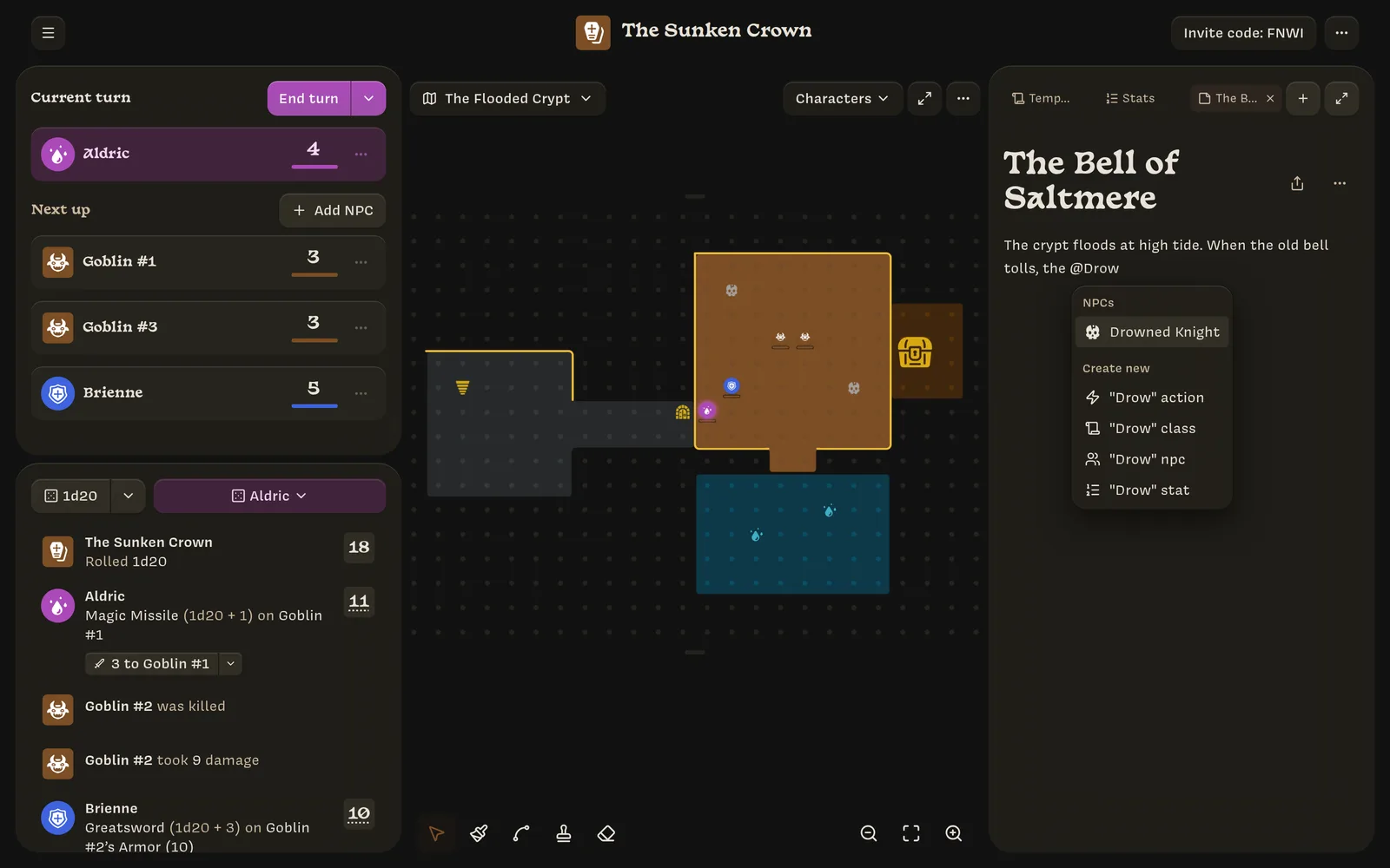 Typing @Drow shows the Drowned Knight NPC and options to create a “Drow” action, class, npc, or stat