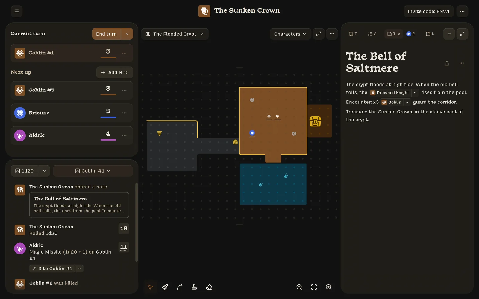The Owner's campaign screen: turn order and log on the left, the map in the middle, and an open note on the right