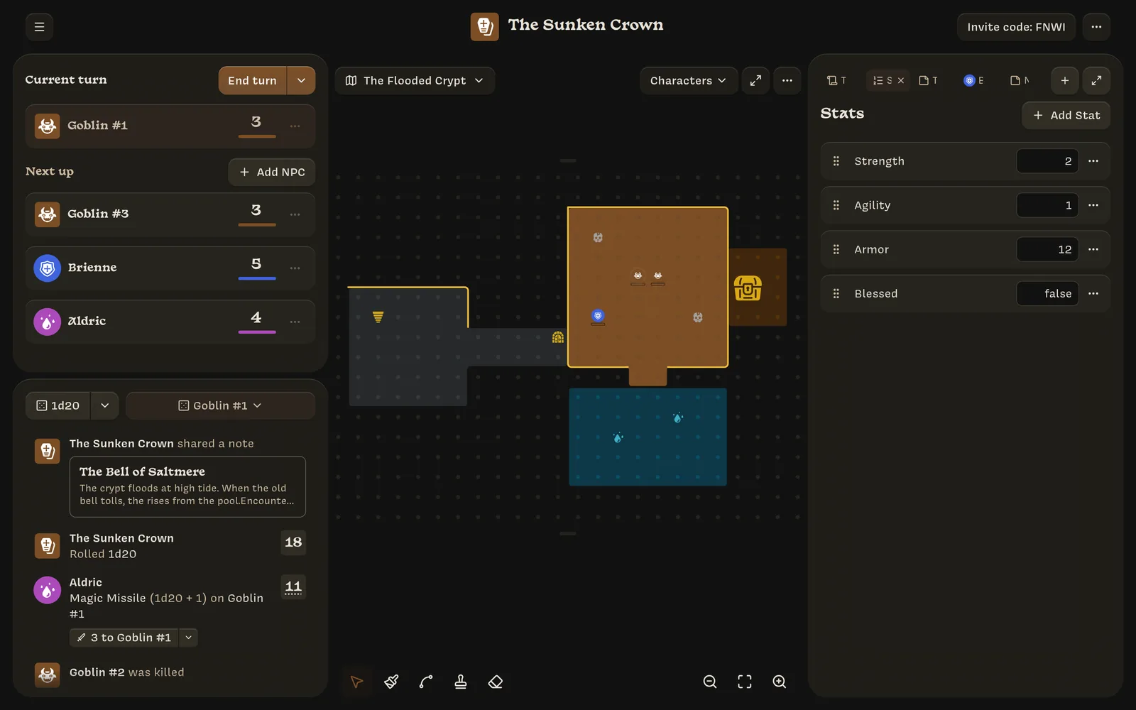 The Stats list: Strength 2, Agility 1, Armor 12, Blessed false