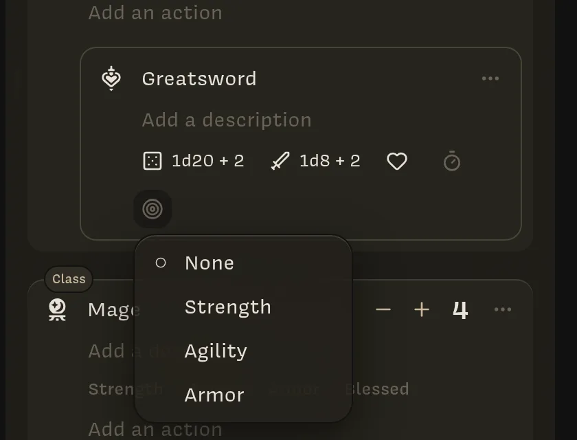The Greatsword action with Roll 1d20 + 2, Damage 1d8 + 2, and the Target Stat menu open, listing None, Strength, Agility, and Armor