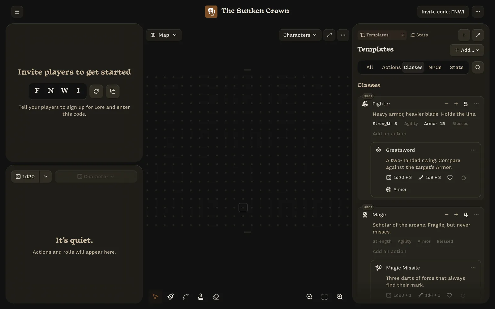 The Classes tab: Fighter (5 health, Strength 3, Armor 15, Greatsword) and Mage (4 health, Magic Missile)