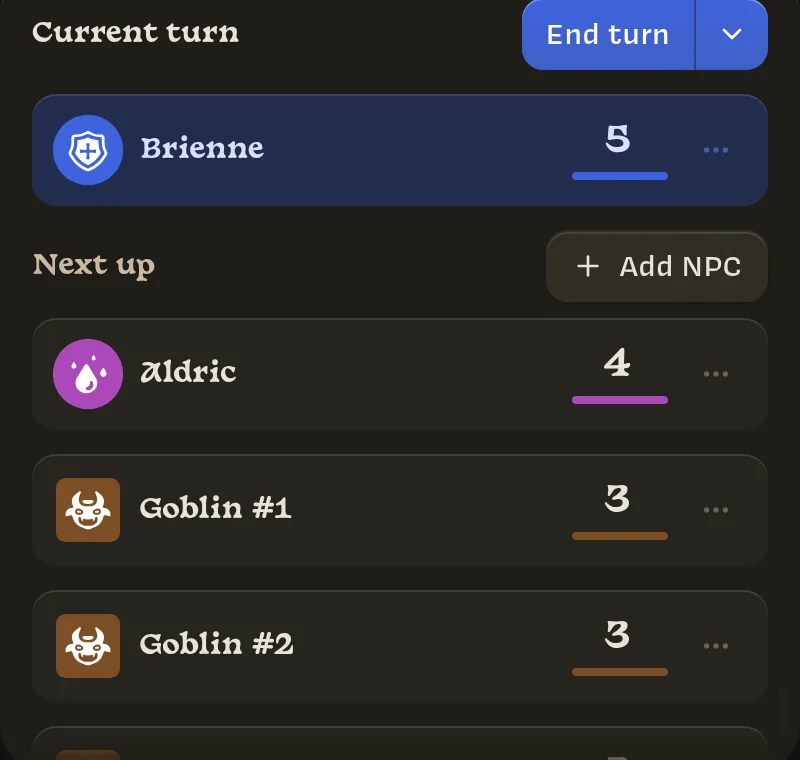 The turn order: Brienne's current turn, with Aldric and the goblins next up, each showing their health