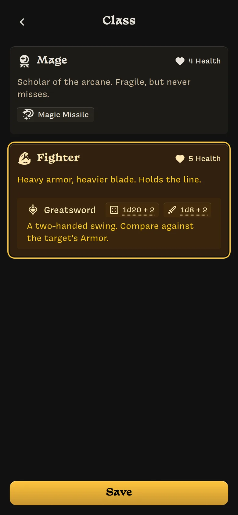 The Class sheet listing Mage (4 health) and Fighter (5 health), with Fighter selected, and a Save button