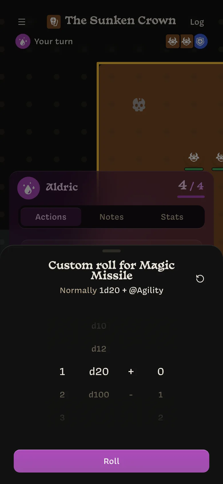 Custom roll for Magic Missile, normally 1d20 + @Agility, with wheels set to 1, d20, +, 0 and a Roll button