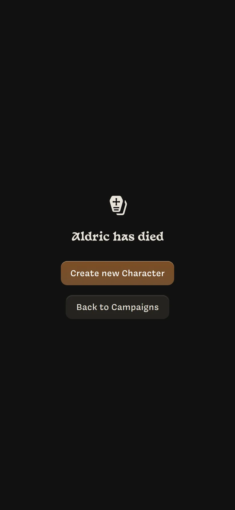 The death screen: Aldric has died, with Create new Character and Back to Campaigns
