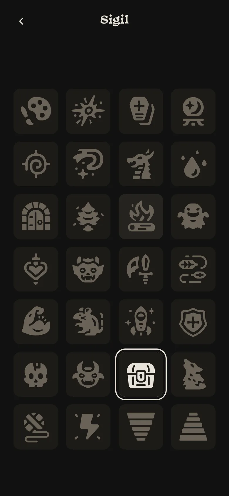 A grid of 28 sigils with the treasure chest selected