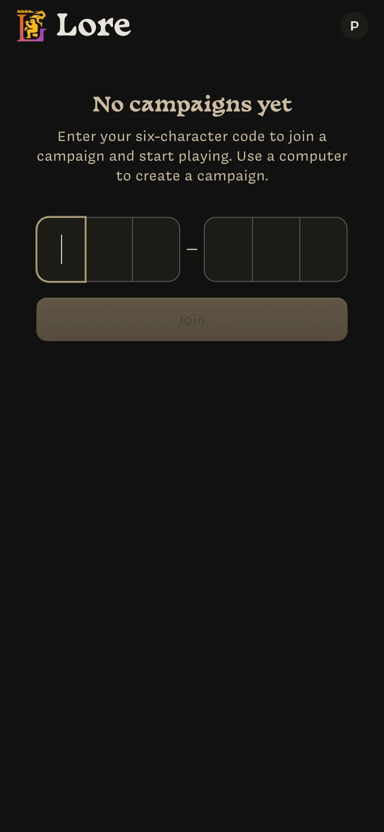 Phone home screen with no campaigns: the code entry boxes and a Join button