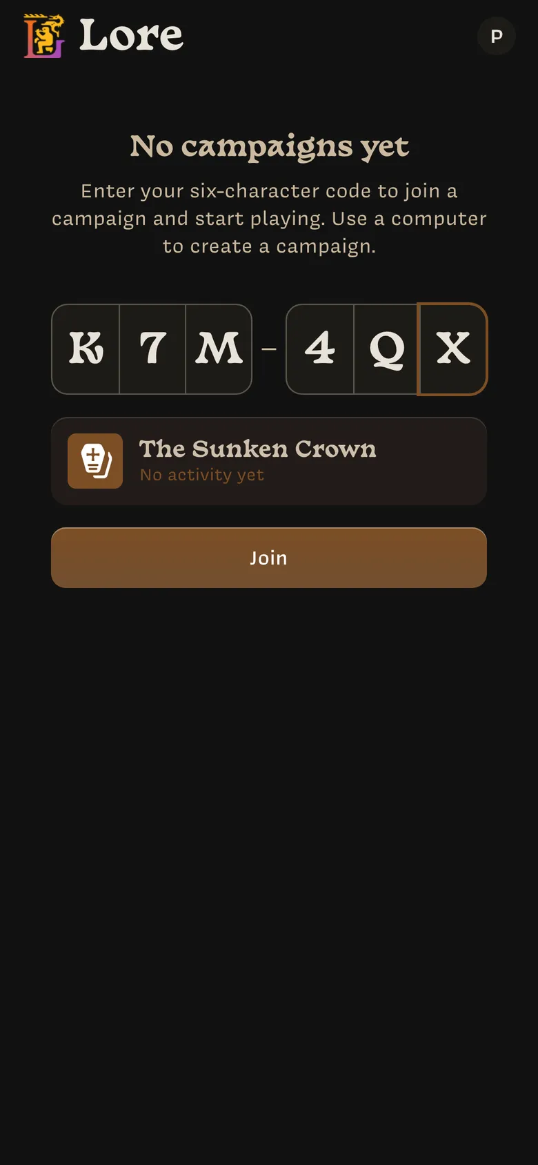 The code boxes filled with K 7 M and 4 Q X, a card for The Sunken Crown, and a Join button