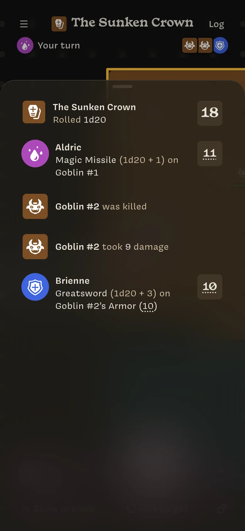 The log on a phone: a campaign roll of 18, Aldric's Magic Missile, Goblin #2 was killed, Goblin #2 took 9 damage, and Brienne's Greatsword