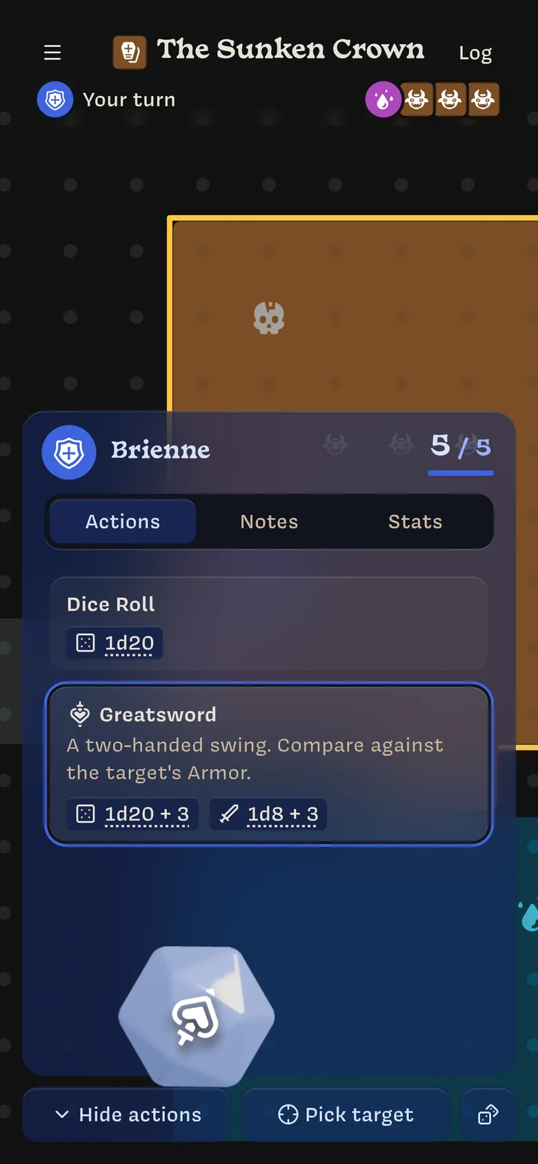 Map mode with the actions sheet pulled up, showing Dice Roll and Greatsword
