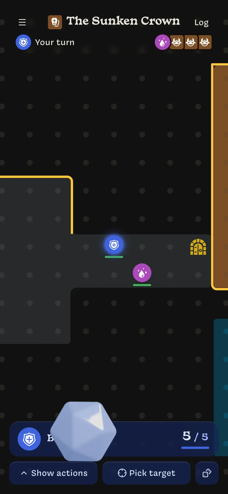 Map mode on a phone: Brienne's and Aldric's tokens in a corridor, the turn order at the top, and Show actions, Pick target, and custom roll buttons at the bottom