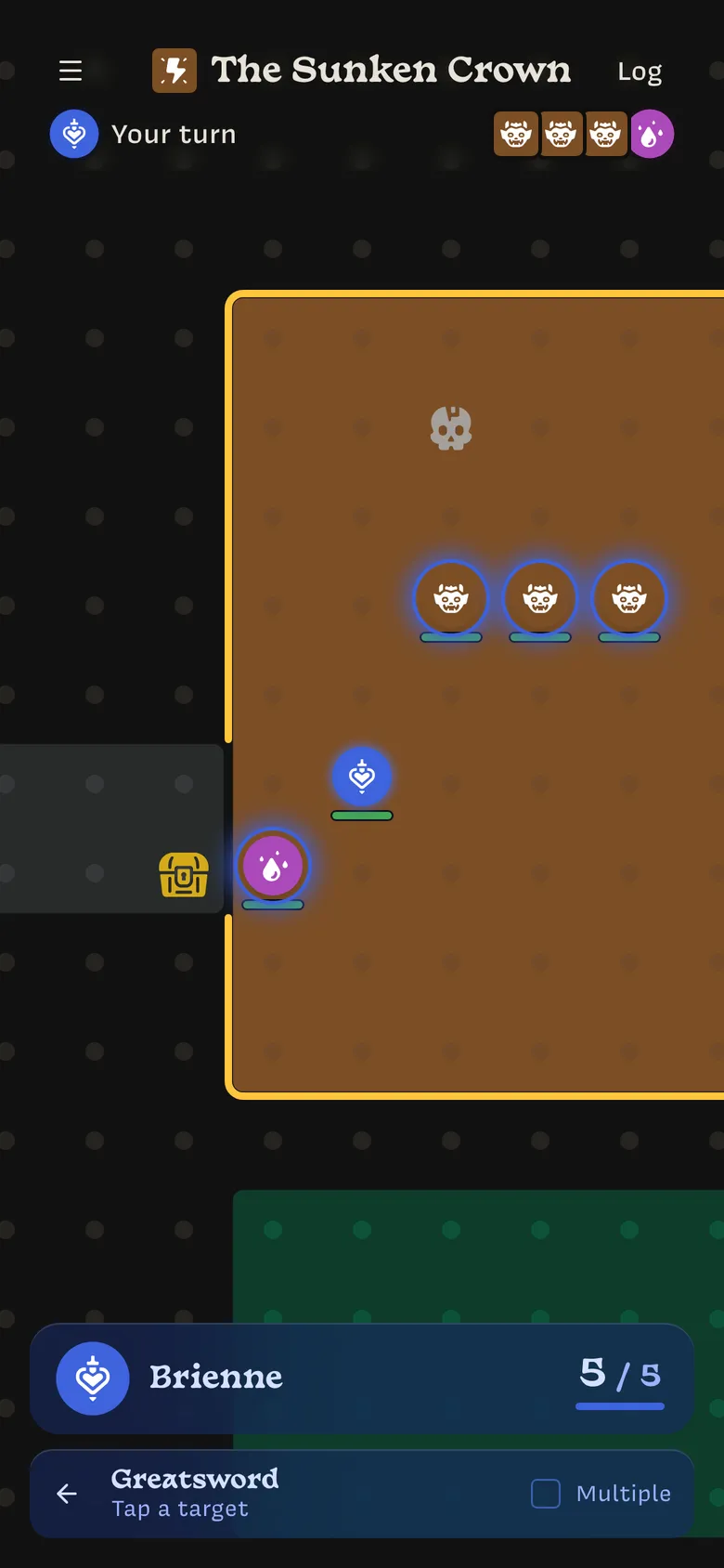 Targeting mode: the bar at the bottom reads Greatsword, Tap a target, with a Multiple checkbox; three goblins and Aldric glow with a blue ring