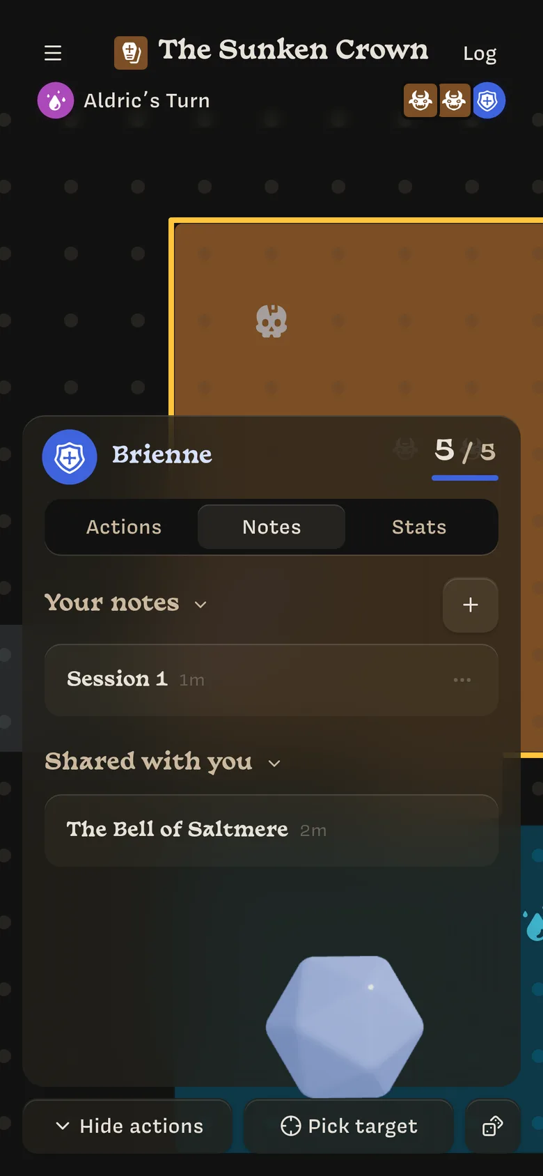 The Notes tab: Your notes with a Session 1 page, and Shared with you with The Bell of Saltmere
