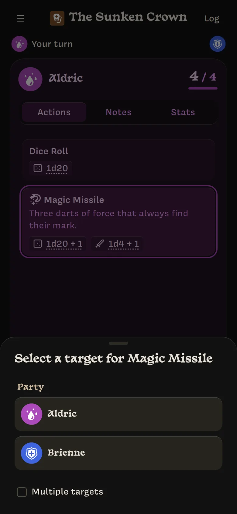 The target drawer: Select a target for Magic Missile, with Aldric and Brienne under Party and a Multiple targets checkbox