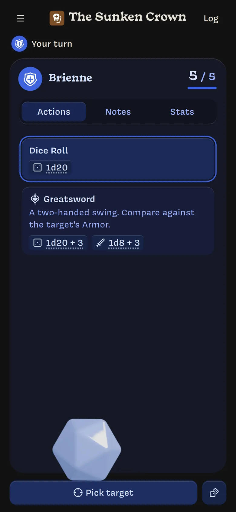 Brienne's character sheet on a phone: health 5 of 5, Actions, Notes, and Stats tabs, and the power crystal