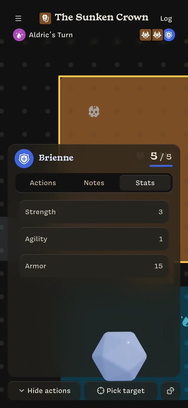 The Stats tab: Strength 3, Agility 1, Armor 15